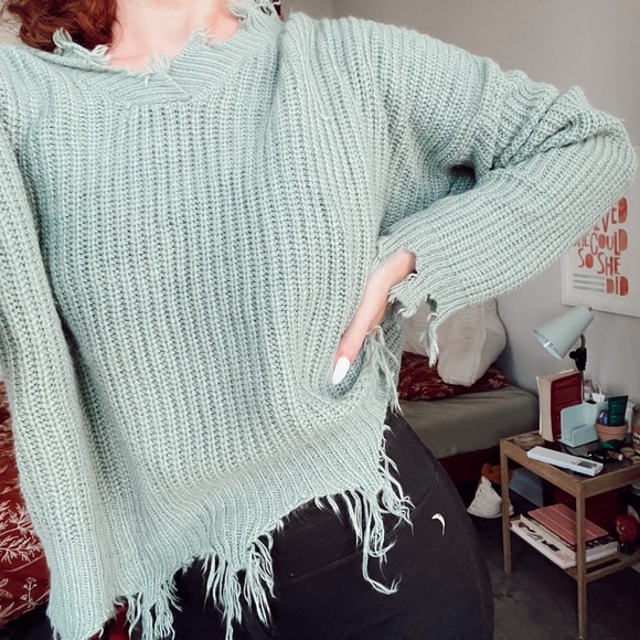 full circle trends Sweaters - sea green distressed knitted sweater